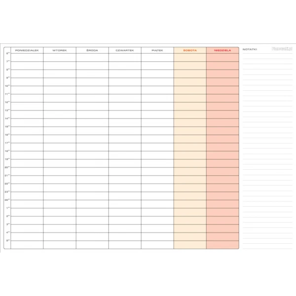 Planer tygodniowy, podział dnia na 24 godziny, zmazywalny