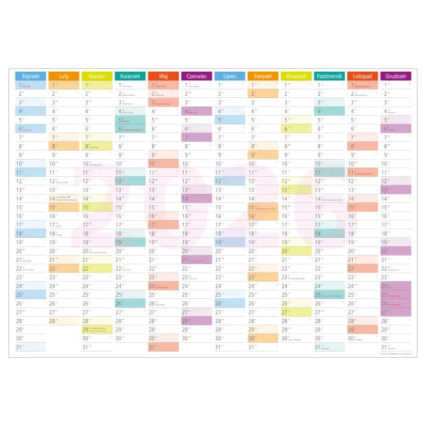 Kolorowy planer 2026 ścienny- przeklejany format A2 mały