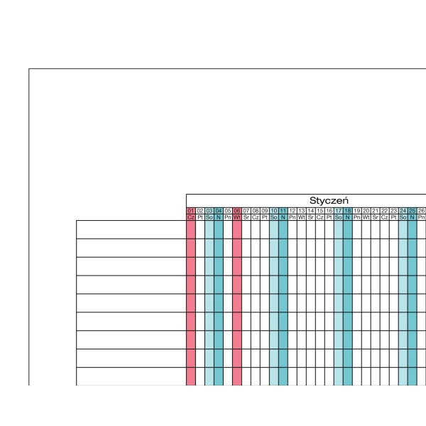 Terminarz do planowania urlopów pracowniczych  2026 na 30 nazwisk