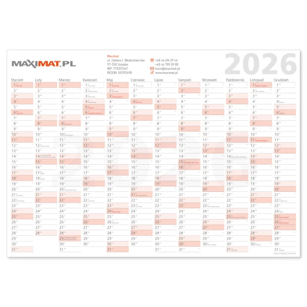 Przykład planera ściennego z reklamowym nadrukiem firmowym 2026