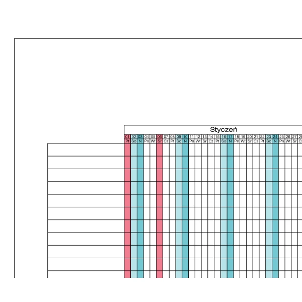 Duży planer suchościeralny - urlopy 30 osób 2027, laminat suchościeralny, mocowanie samoprzylepne